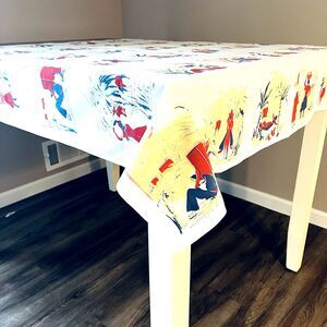 VTG Mexican Southwest Kitchen Tablecloth 49” X 49” Fiesta Scene Retro 1940 Linen